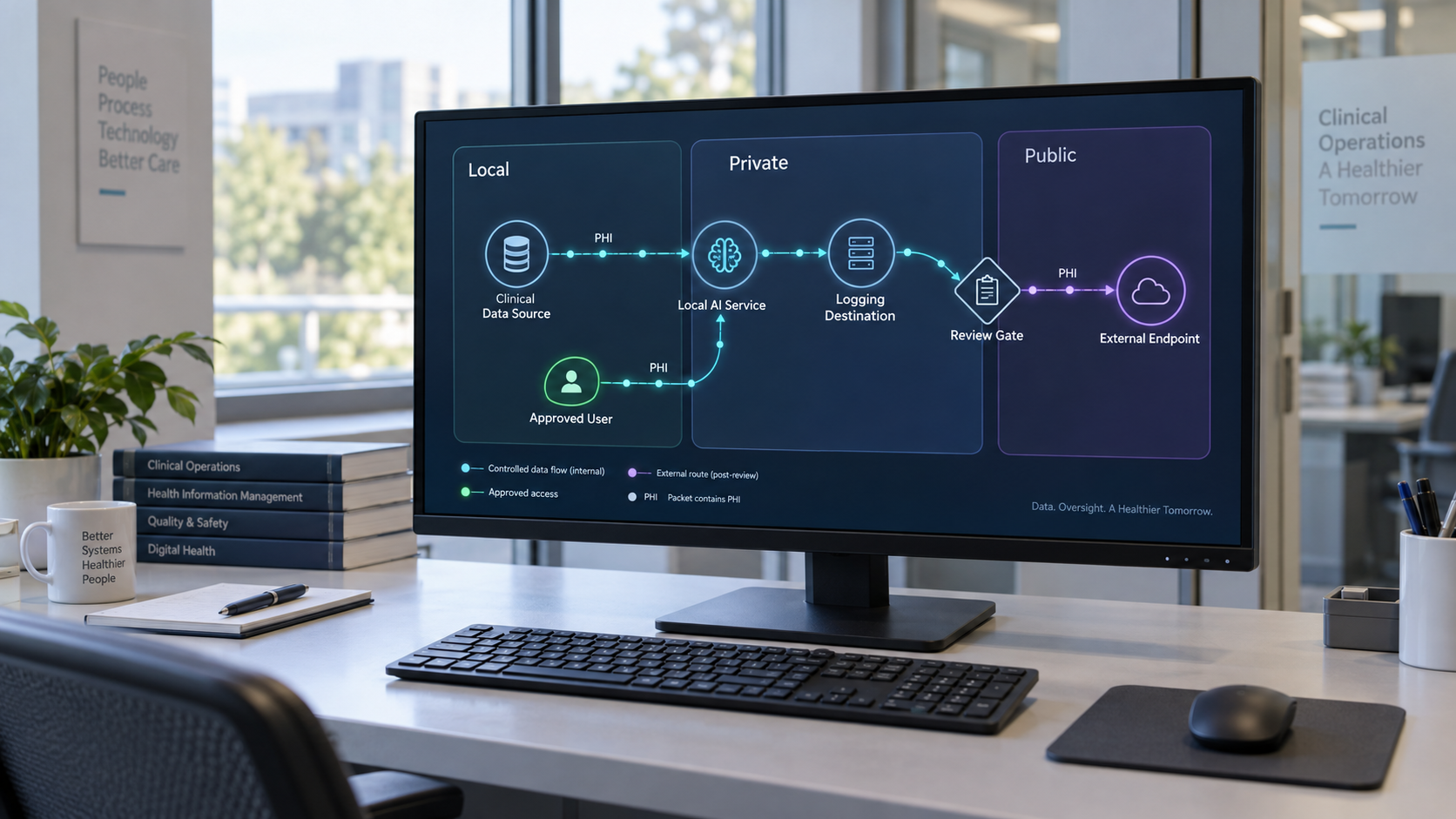 Healthcare AI data paths mapped across local, private, and public trust zones.