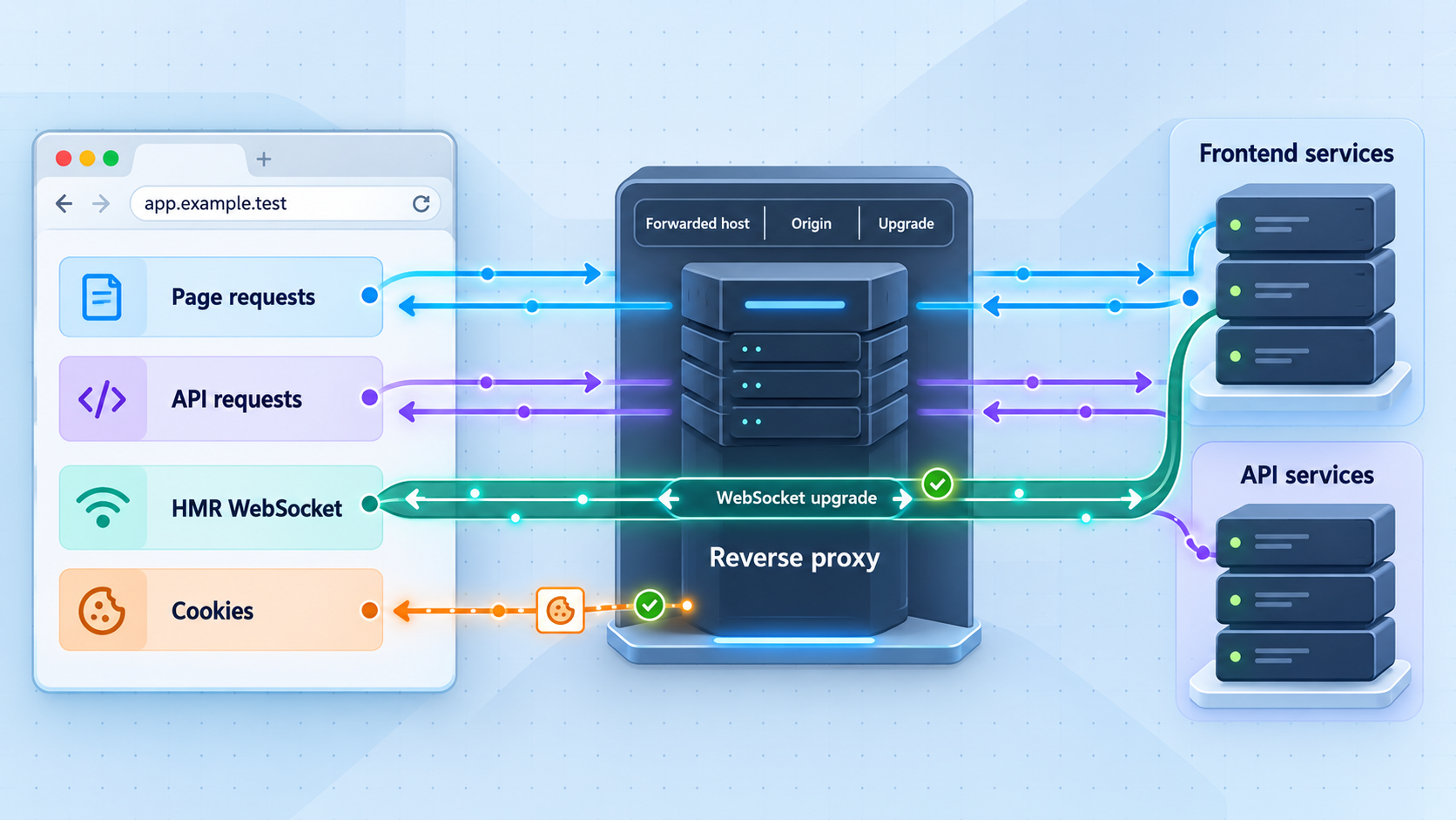 Browser requests, HMR WebSockets, cookies, and forwarded headers pass through one proxy.