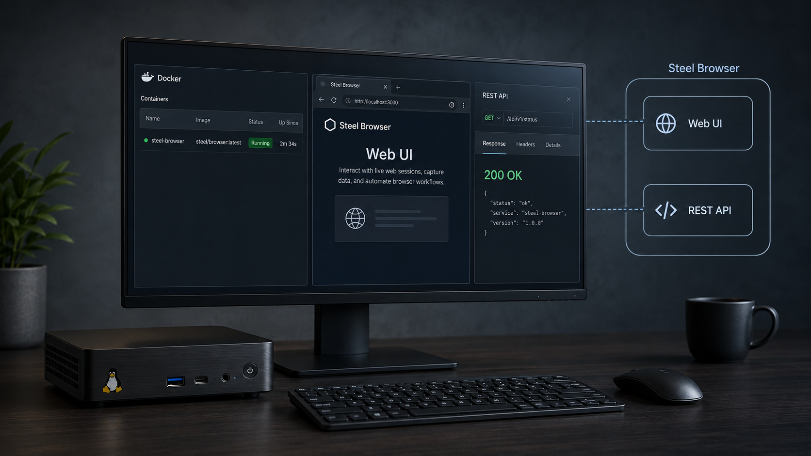 Workstation running the Steel Browser web UI and REST API inside a Docker container.