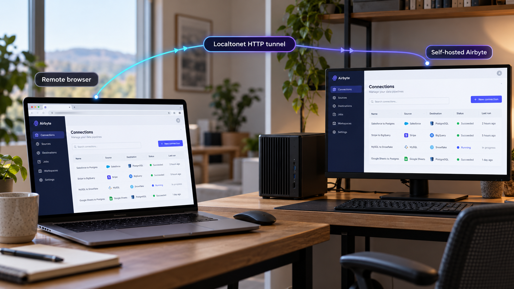 A remote browser reaches a self-hosted Airbyte interface through a Localtonet HTTP tunnel.