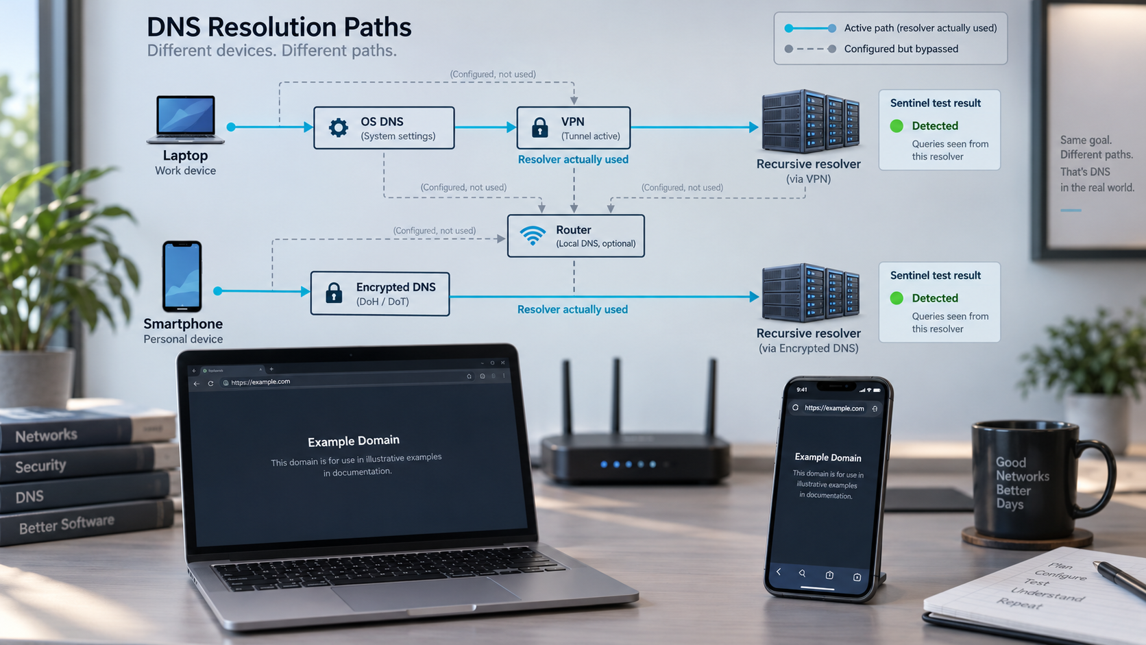 Laptop and phone DNS paths showing that VPN, router, or encrypted DNS settings can select different resolvers.
