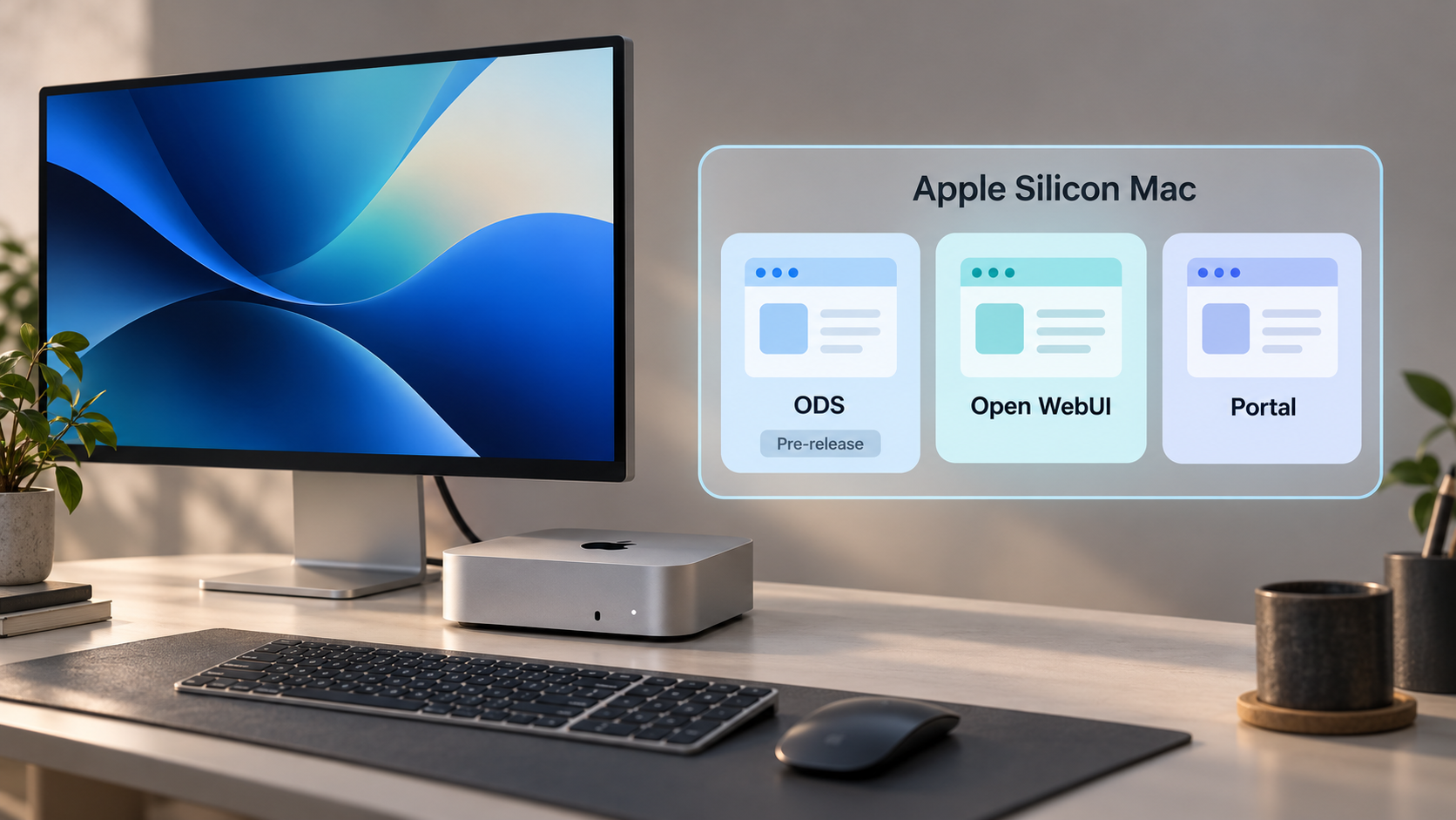 Apple Silicon Mac with an overlay showing ODS, Open WebUI, and Portal running locally.