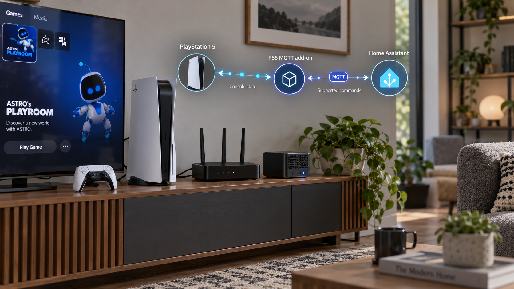 PlayStation 5 connected to Home Assistant through the PS5 MQTT add-on and MQTT messaging.