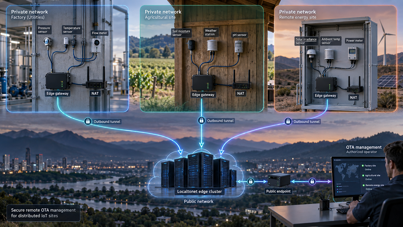 IoT gateways behind separate NAT routers establish outbound tunnels for remote OTA access.