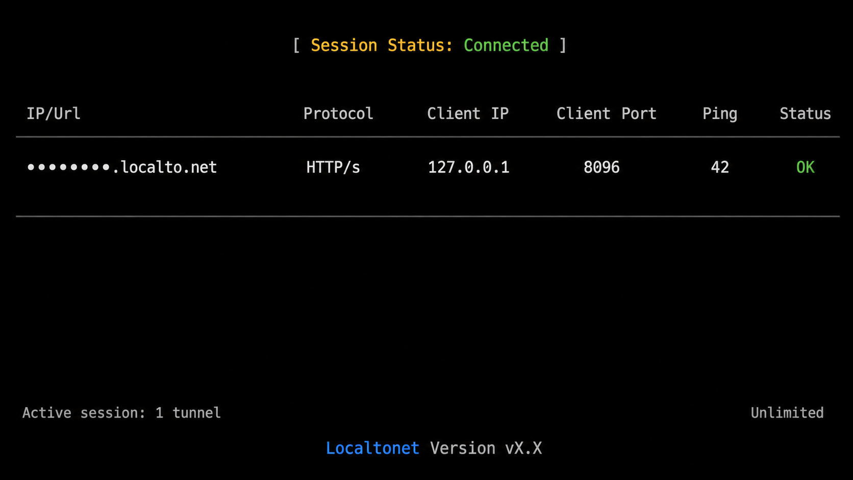 Localtonet console showing an active HTTP tunnel to Jellyfin on port 8096.