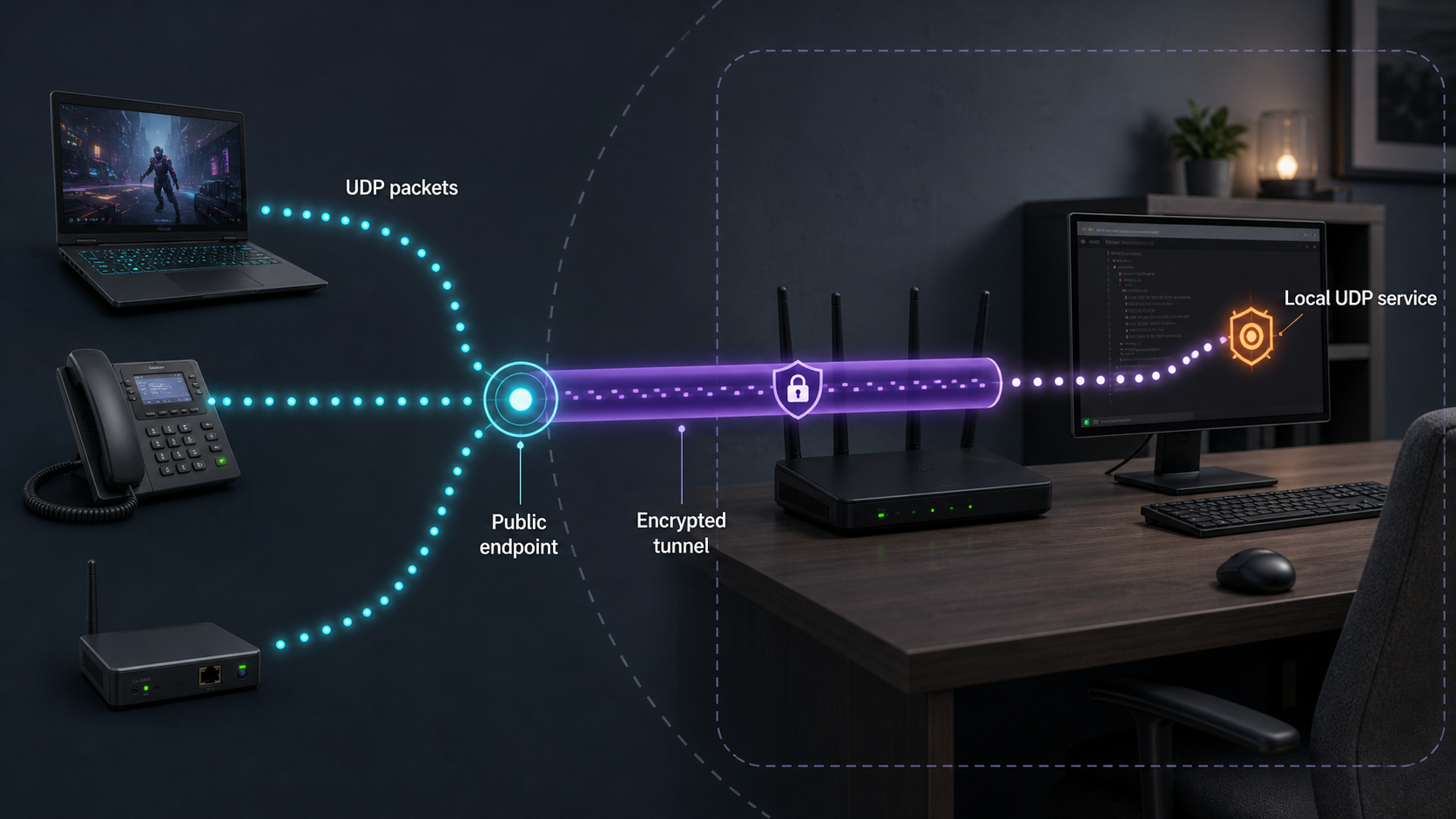 UDP packets traveling through a public endpoint and encrypted tunnel to a local service.