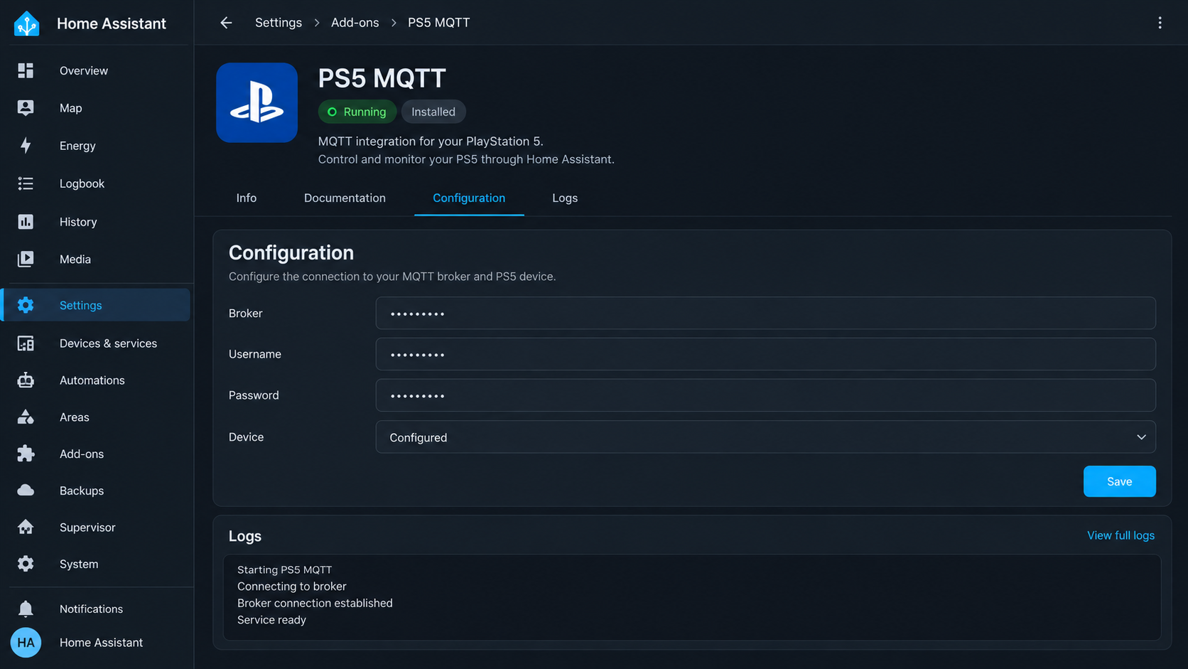 Home Assistant screen showing the PS5 MQTT add-on configuration and status areas.