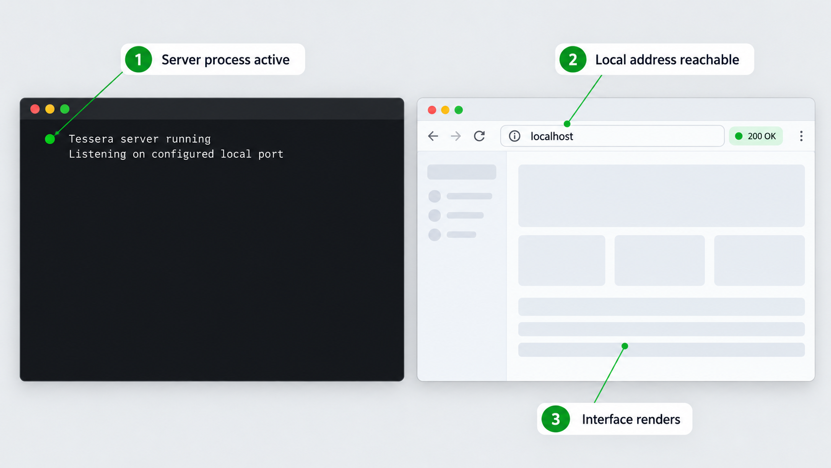 Terminal and browser checks confirming that Tessera works on localhost.