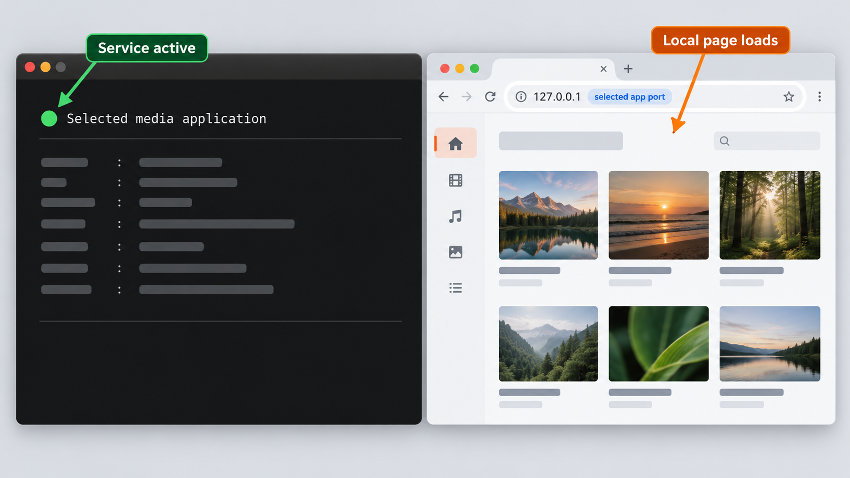 Ubuntu service status and a media application loading from a local address.