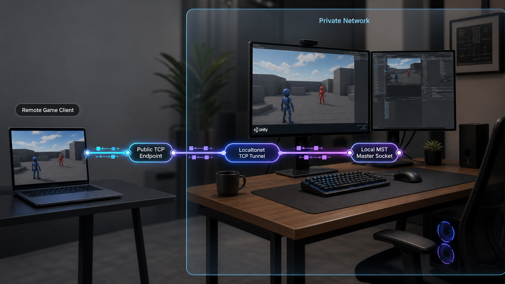 Remote multiplayer client reaching a local MST master socket through a Localtonet TCP tunnel.