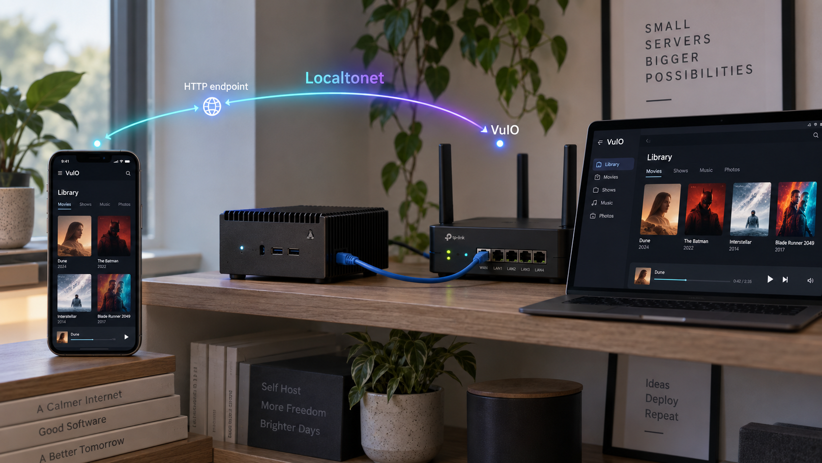 VuIO running on a Linux server and reached remotely through a Localtonet tunnel.
