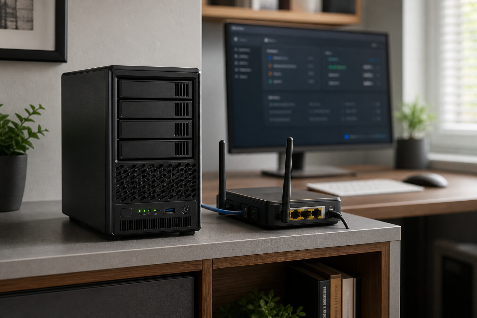 Home server tower connected by Ethernet to a router on an office shelf